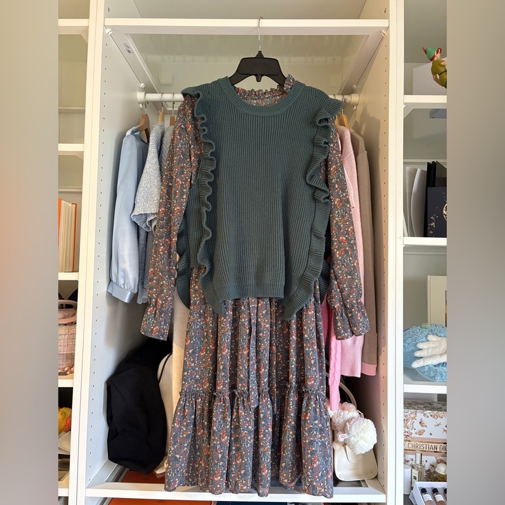 (SOLD) Floral Dress with Ruffled Green Sweater